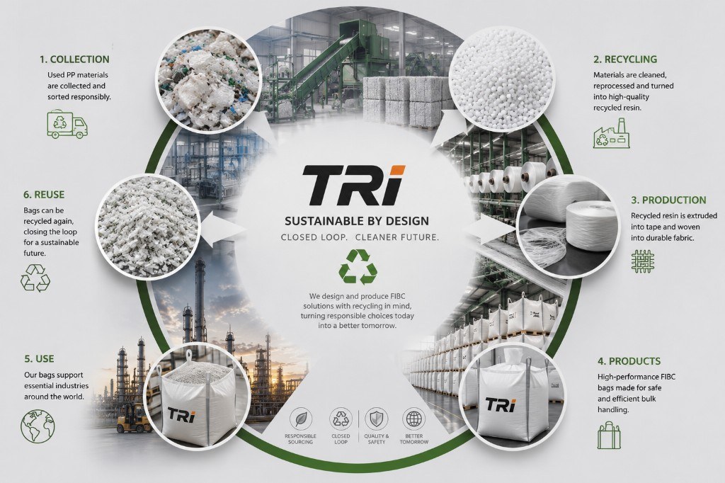TRI closed-loop sustainability cycle — collection, recycling, production, products, use, reuse